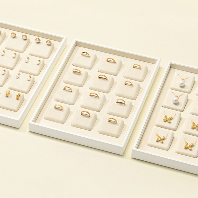 Elegant White Jewelry Display Tray Set with Rings and Necklaces