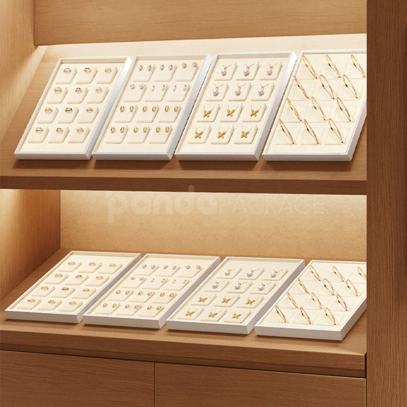 Elegant White Jewelry Display Tray Set with Rings and Necklaces