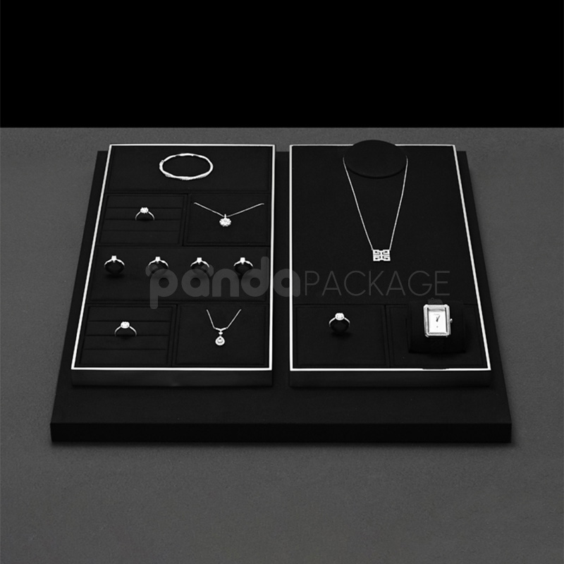 LuxeBlack Velvet Jewelry Display Tray Set for Rings Necklaces Watches