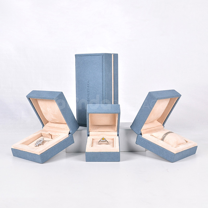 Mist Blue Velvet Jewelry Gift Box with Gold Foil Logo