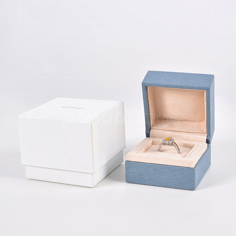 Mist Blue Velvet Jewelry Gift Box with Gold Foil Logo