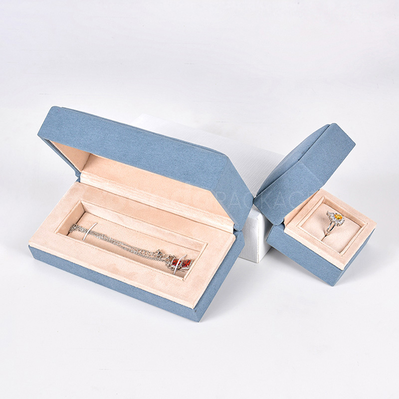 Mist Blue Velvet Jewelry Gift Box with Gold Foil Logo