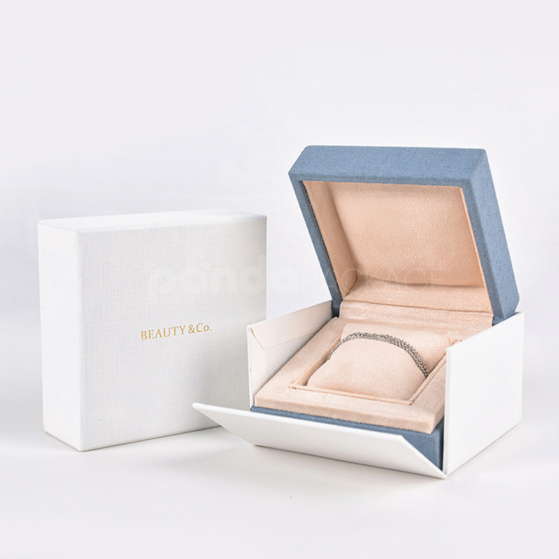 Mist Blue Velvet Jewelry Gift Box with Gold Foil Logo