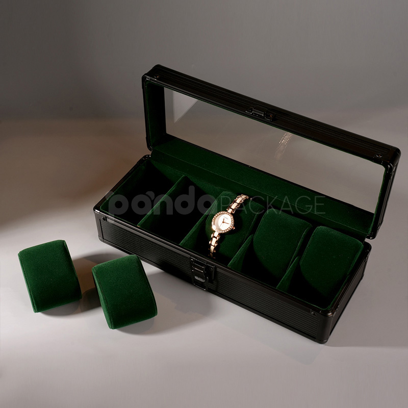 Sleek 5-slot watch storage box with clear lid green