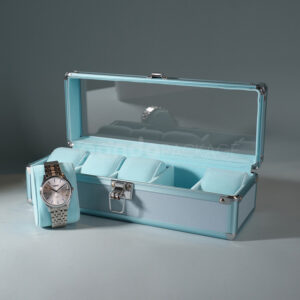 Elegant Blue 5-Slot Watch Storage Box with Clear Lid