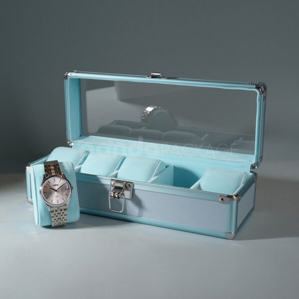 Elegant Blue 5-Slot Watch Storage Box with Clear View Lid