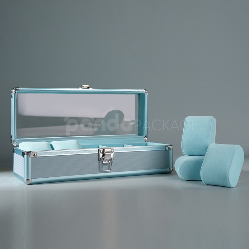 Elegant Blue 5-Slot Watch Storage Box with Clear Lid