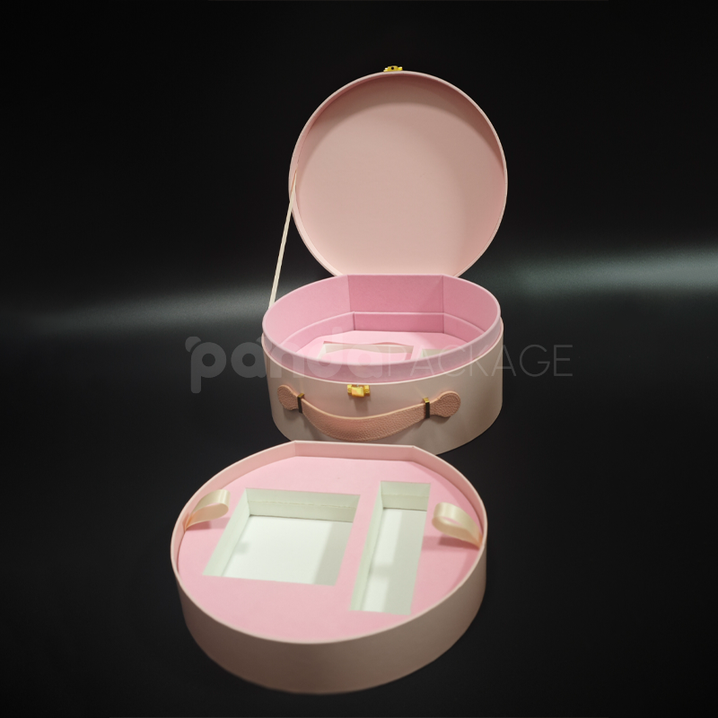 Blush Pink Round Gift Box with Leather Handle