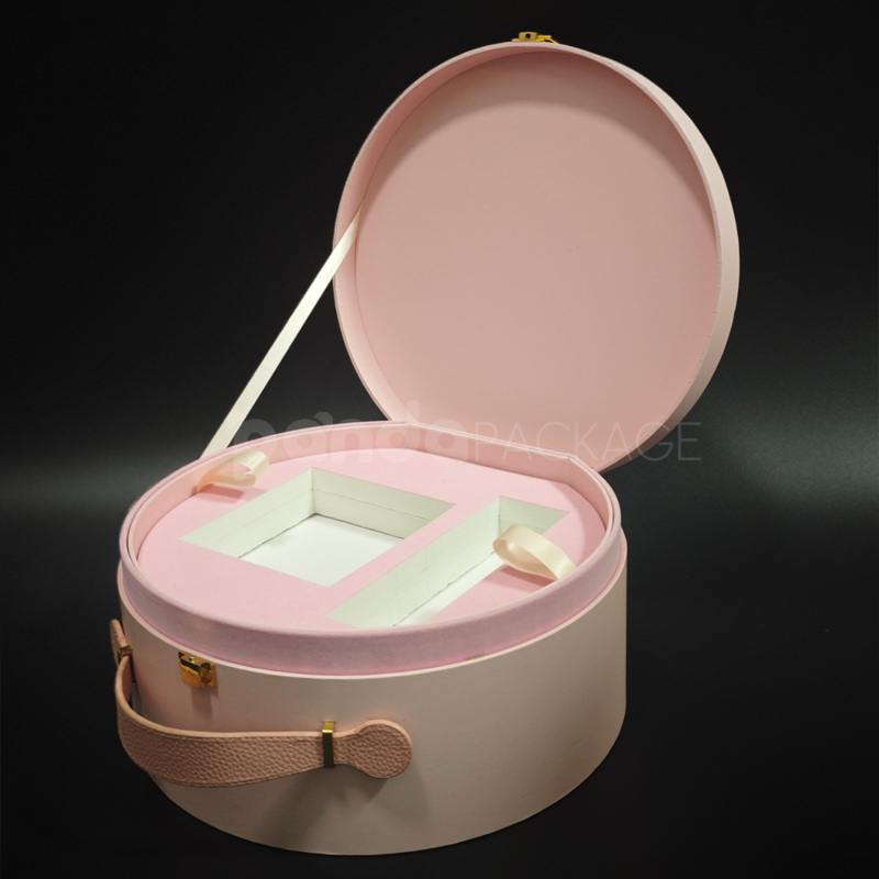 Blush Pink Round Gift Box with Leather Handle