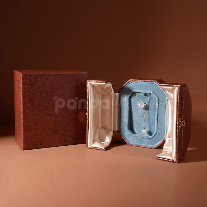 Luxury Brown Leather Octagonal Jewelry Box Gold Lock for Display