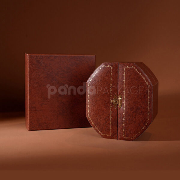 Luxe Brown Leather Octagonal Jewelry Box with Gold Lock