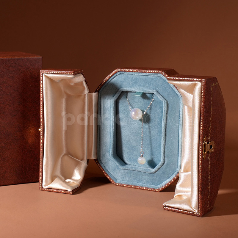 Luxury Brown Leather Octagonal Jewelry Box Gold Lock for Display