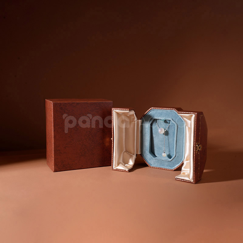 Luxury Brown Leather Octagonal Jewelry Box Gold Lock for Display