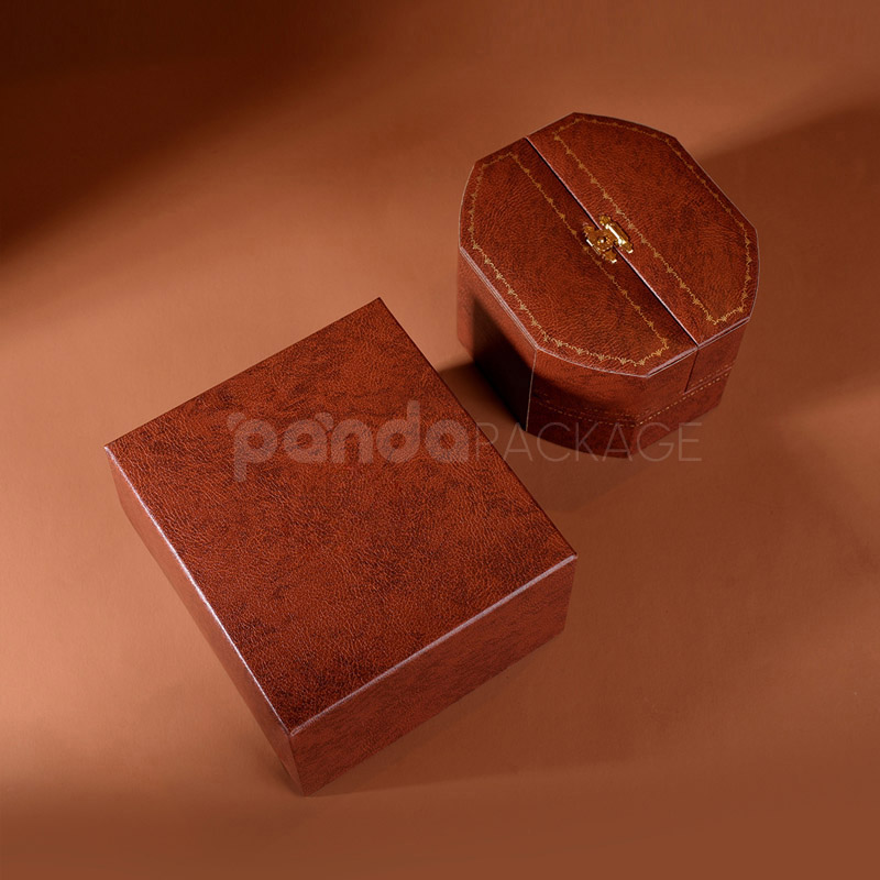 Luxury Brown Leather Octagonal Jewelry Box Gold Lock for Display