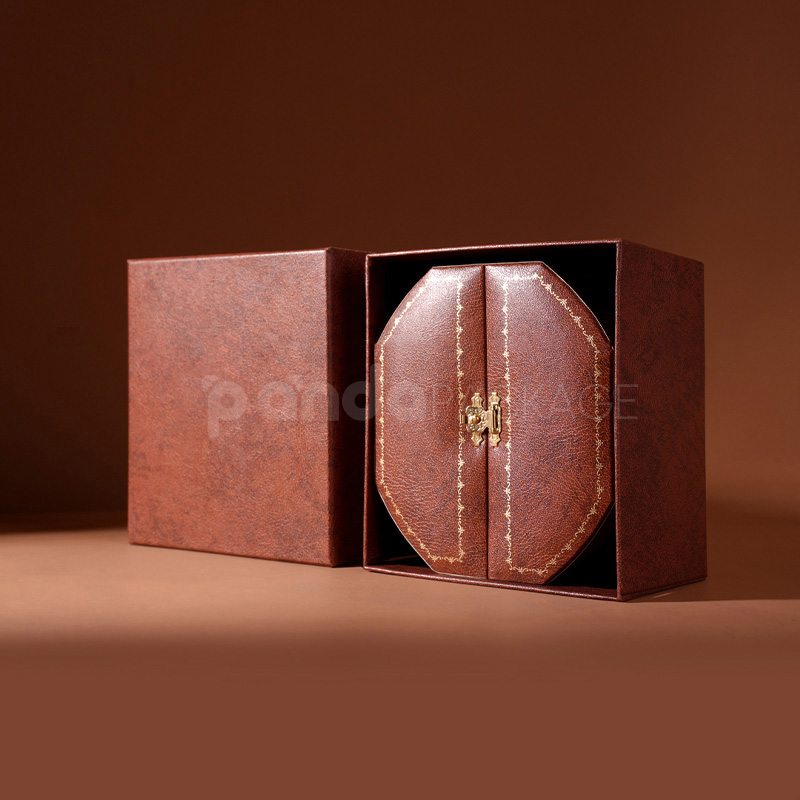 Luxury Brown Leather Octagonal Jewelry Box Gold Lock for Display