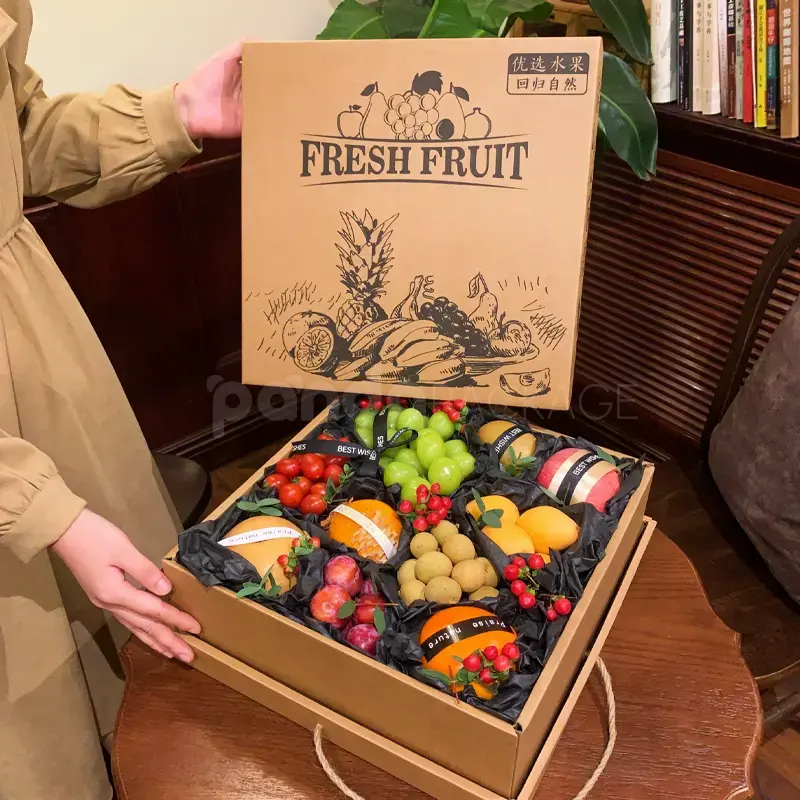 Festive Brown Kraft Fruit Gift Box Black Lining
