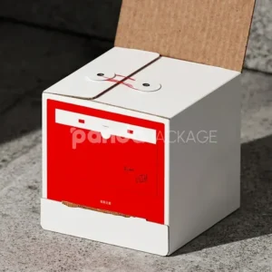 ivory and red tear-off paperboard gift box with sealed rope tabs