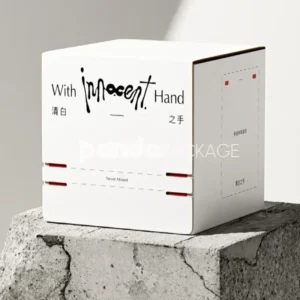 ivory and red tear-off paperboard gift box with sealed rope tabs