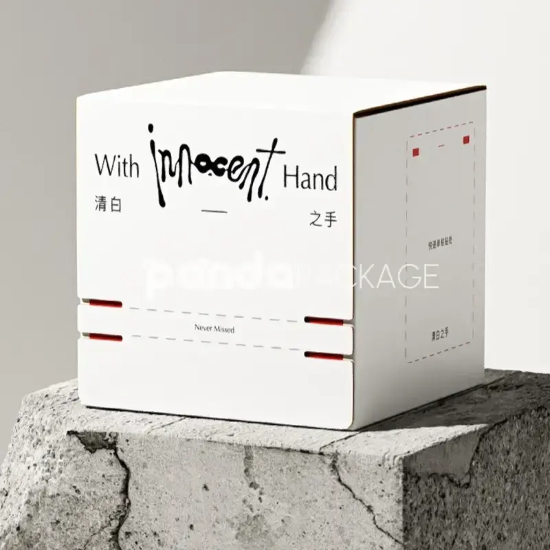 ivory and red tear-off paperboard gift box with sealed rope tabs