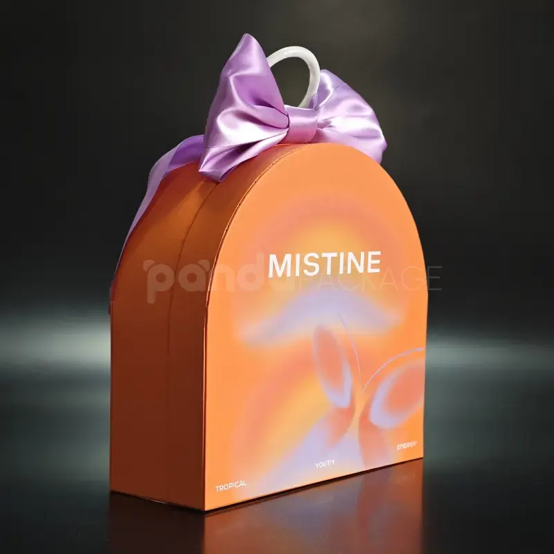 Vibrant Orange Arch Gift Box with Purple Satin Bow