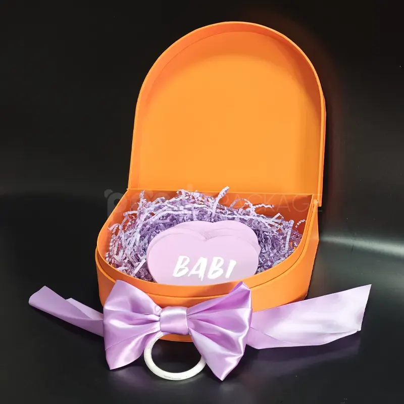 Vibrant Orange Arch Gift Box with Purple Satin Bow