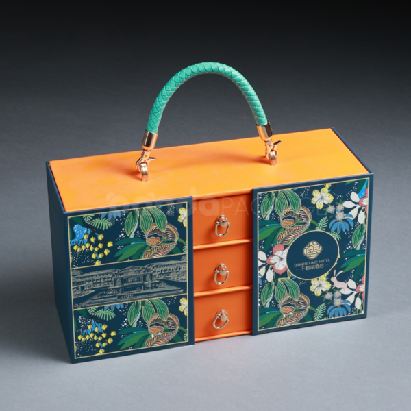 Orange Floral Leather-Handle Double-Door Drawer Box