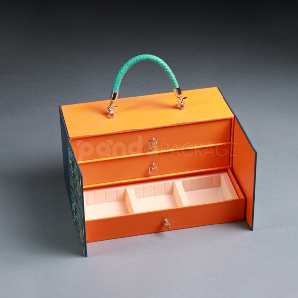 Orange Floral Leather-Handle Double-Door Drawer Box