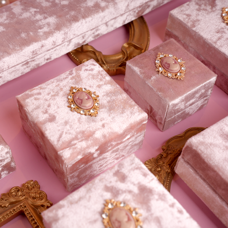 Pink Velvet Jewelry Case with Vintage Cameo Accent
