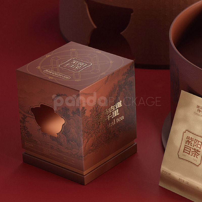 Heritage Brown Oriental Round Tea Gift Box with Embossed Design