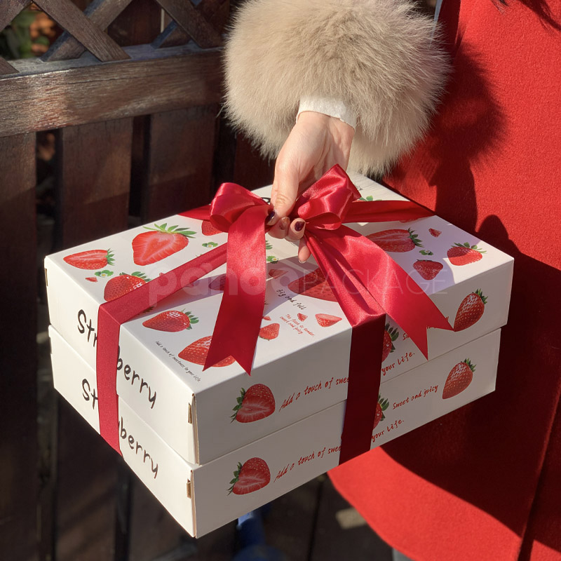 Elegant Strawberry White Ribbon Box with Fresh Berries