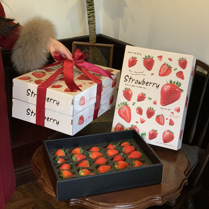 Elegant Strawberry White Ribbon Box with Fresh Berries