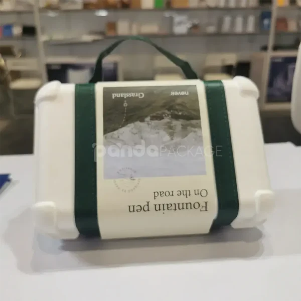 Elegant White Gift Box with Green Leather Handle