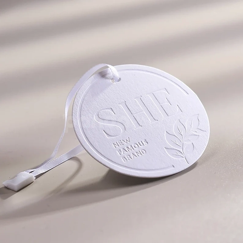 Luxury White Embossed Round Tag with Satin Ribbon