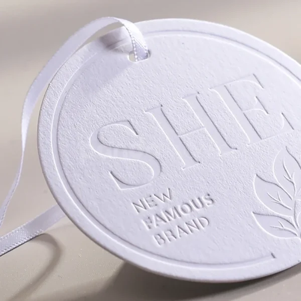 Luxury White Debossed Round Hang Tag with Satin Ribbon