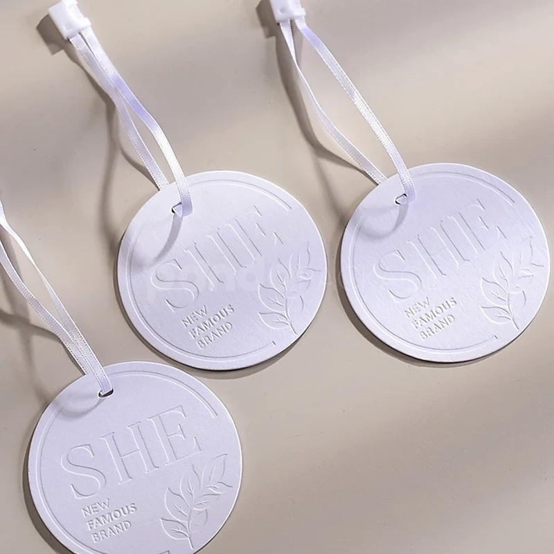 Luxury White Embossed Round Tag with Satin Ribbon