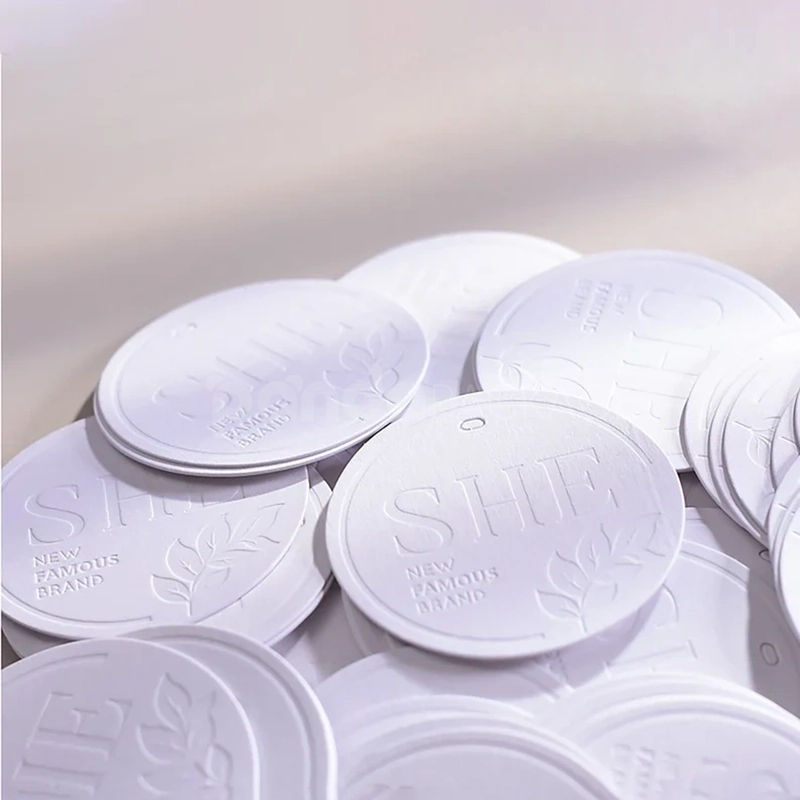 Luxury White Embossed Round Tag with Satin Ribbon