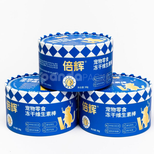Round Paperboard Box with Top Lid and Blue Print