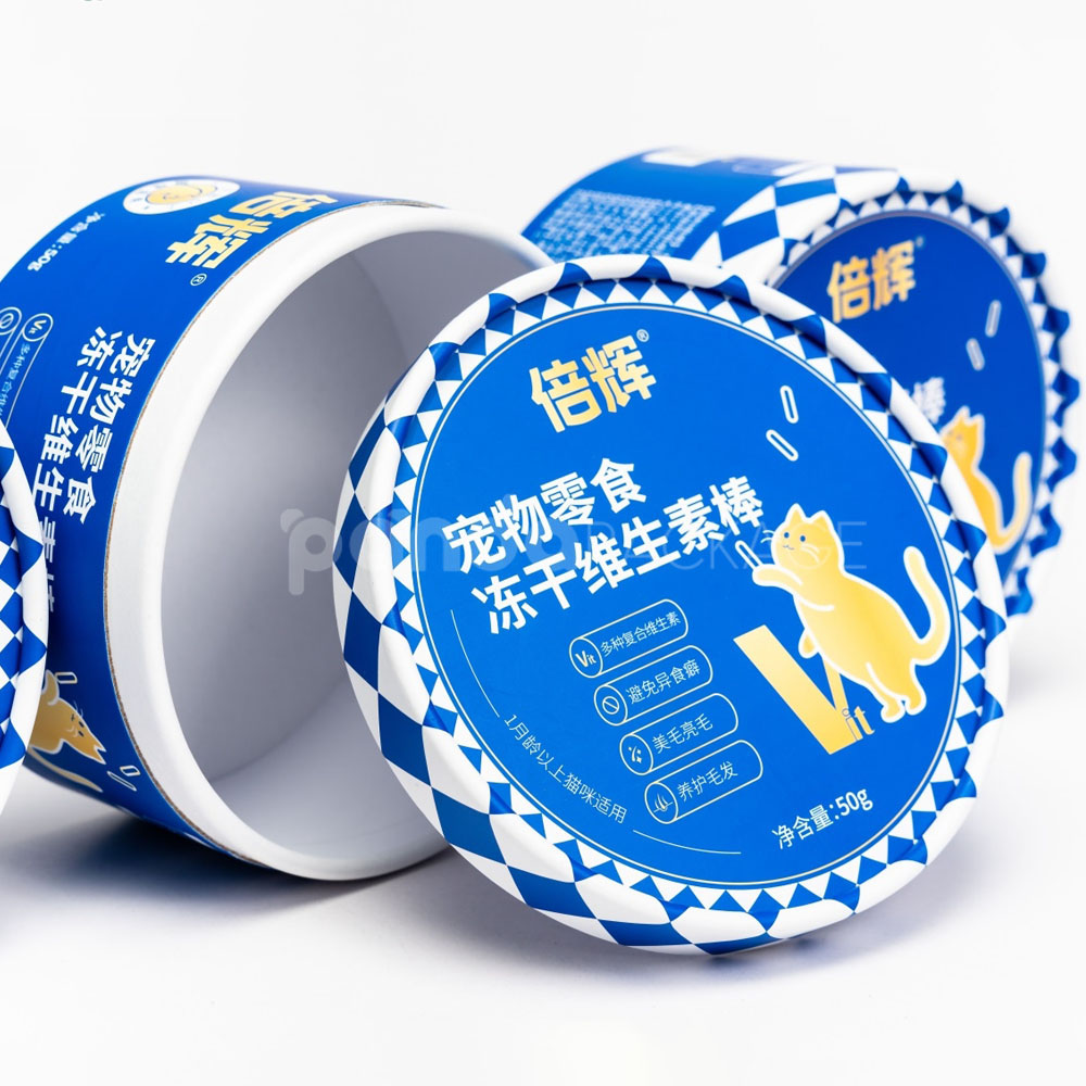 Custom blue round paperboard packaging tube with top lid