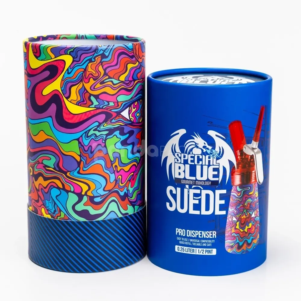 Cerulean blue rigid paper tube box with custom printed finish