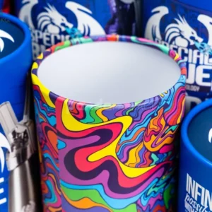 Cerulean blue rigid paper tube box with custom printed finish