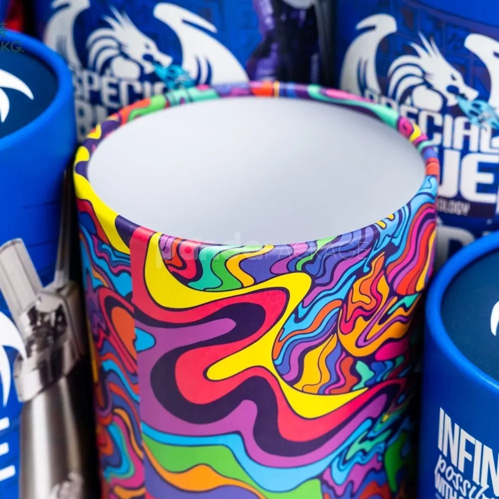 Cerulean blue rigid paper tube box with custom printed finish
