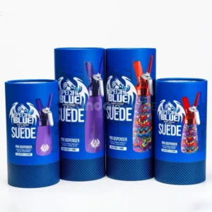 Cerulean blue rigid paper tube box with custom printed finish