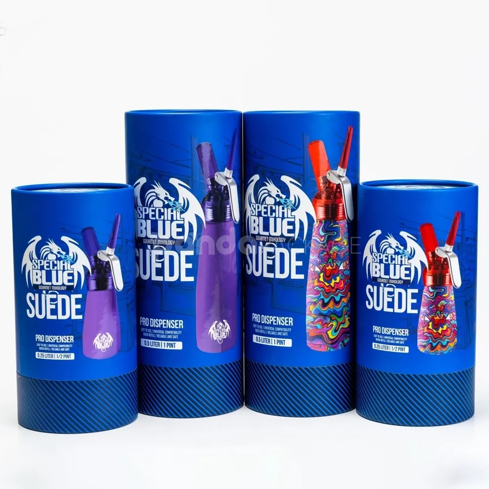 Cerulean blue rigid paper tube box with custom printed finish