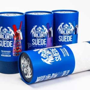 Cerulean blue rigid paper tube box with custom printed finish
