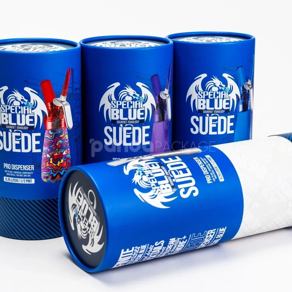 Cerulean blue rigid paper tube box with custom printed finish