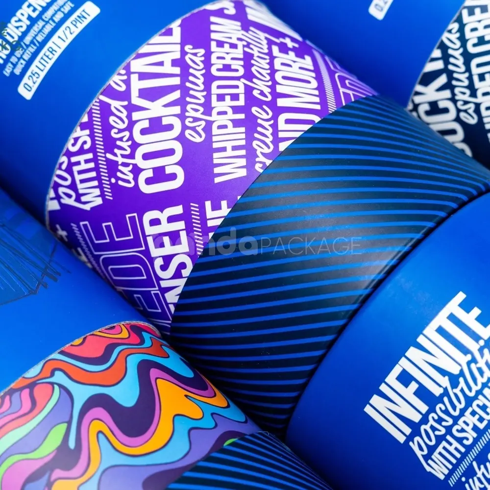 Cerulean blue rigid paper tube box with custom printed finish