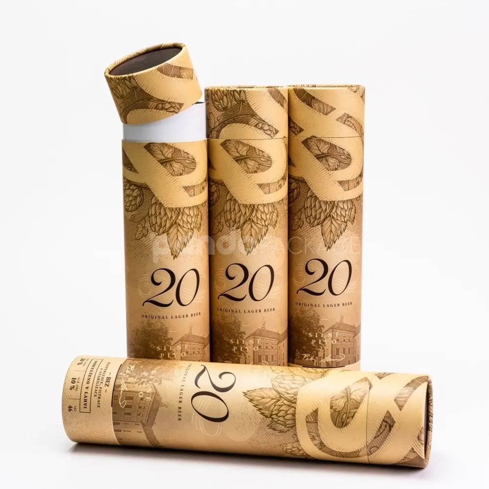 Embossed kraft rigid paper tube with vintage hop print and white inner wall