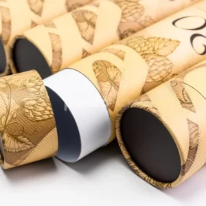Embossed kraft rigid paper tube with vintage hop print and white inner wall