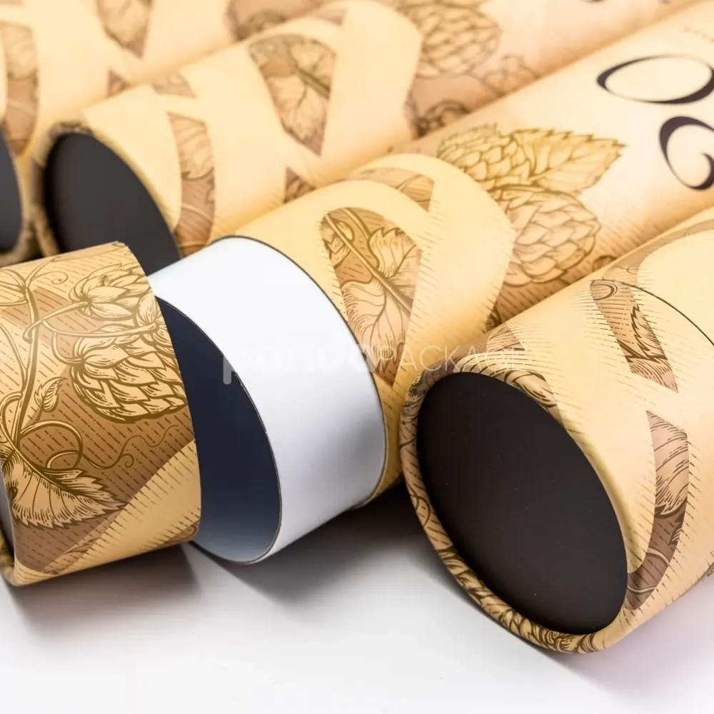 Embossed kraft rigid paper tube with vintage hop print and white inner wall