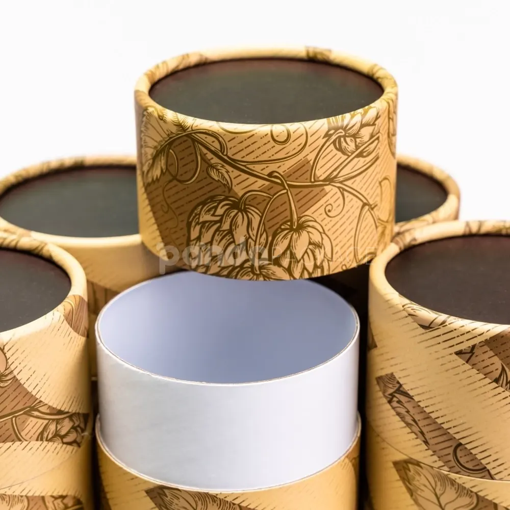 Embossed kraft rigid paper tube with vintage hop print and white inner wall